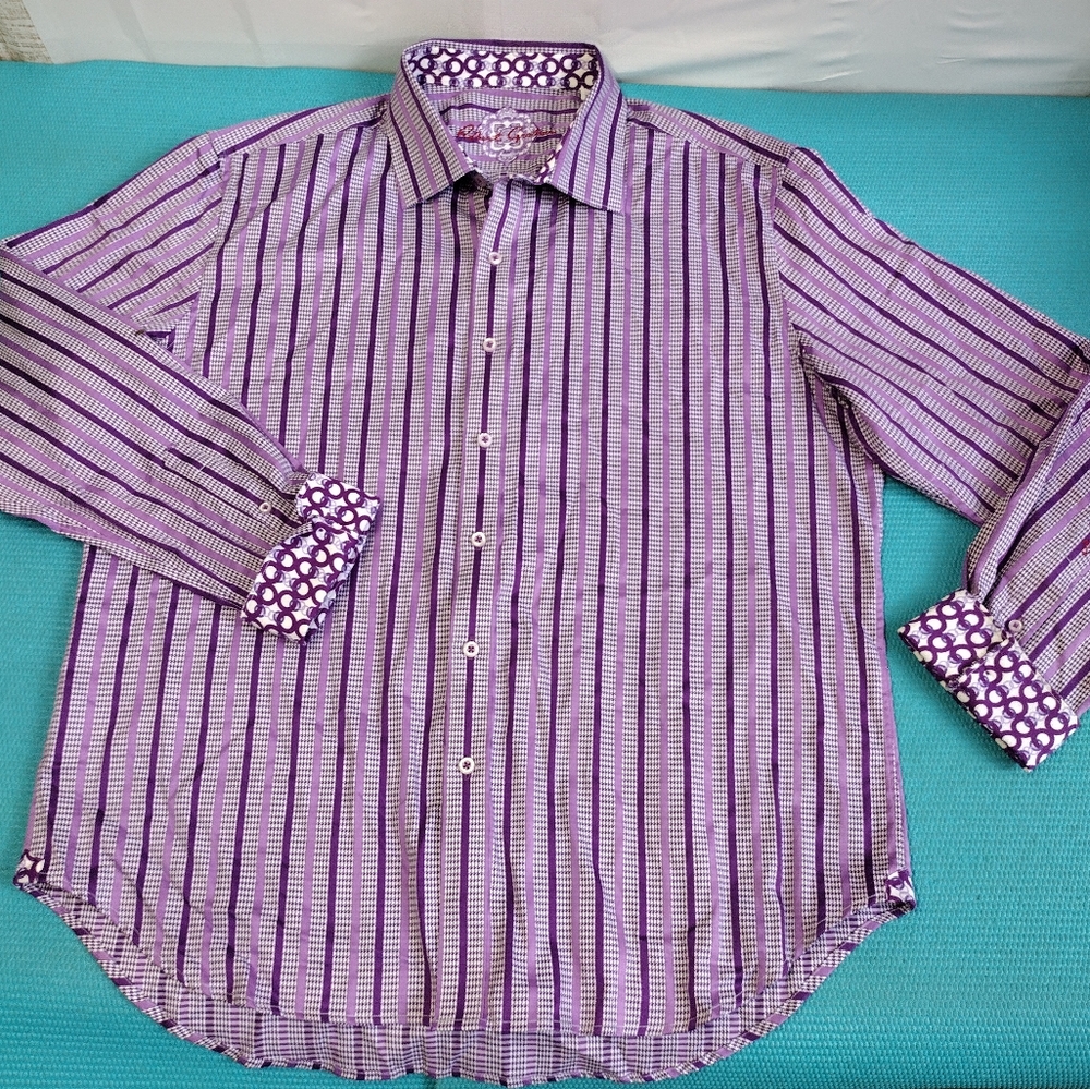 Robert Graham Mens Long Sleeve Tailored Fit Striped Shirt Flip Cuff Purple 2XL